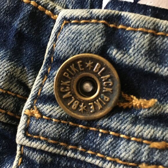 NWT BLACK PIKE LEGEND Embroidered Distressed Biker Stretch Slim Denim Jean 34X32 - Picture 16 of 16